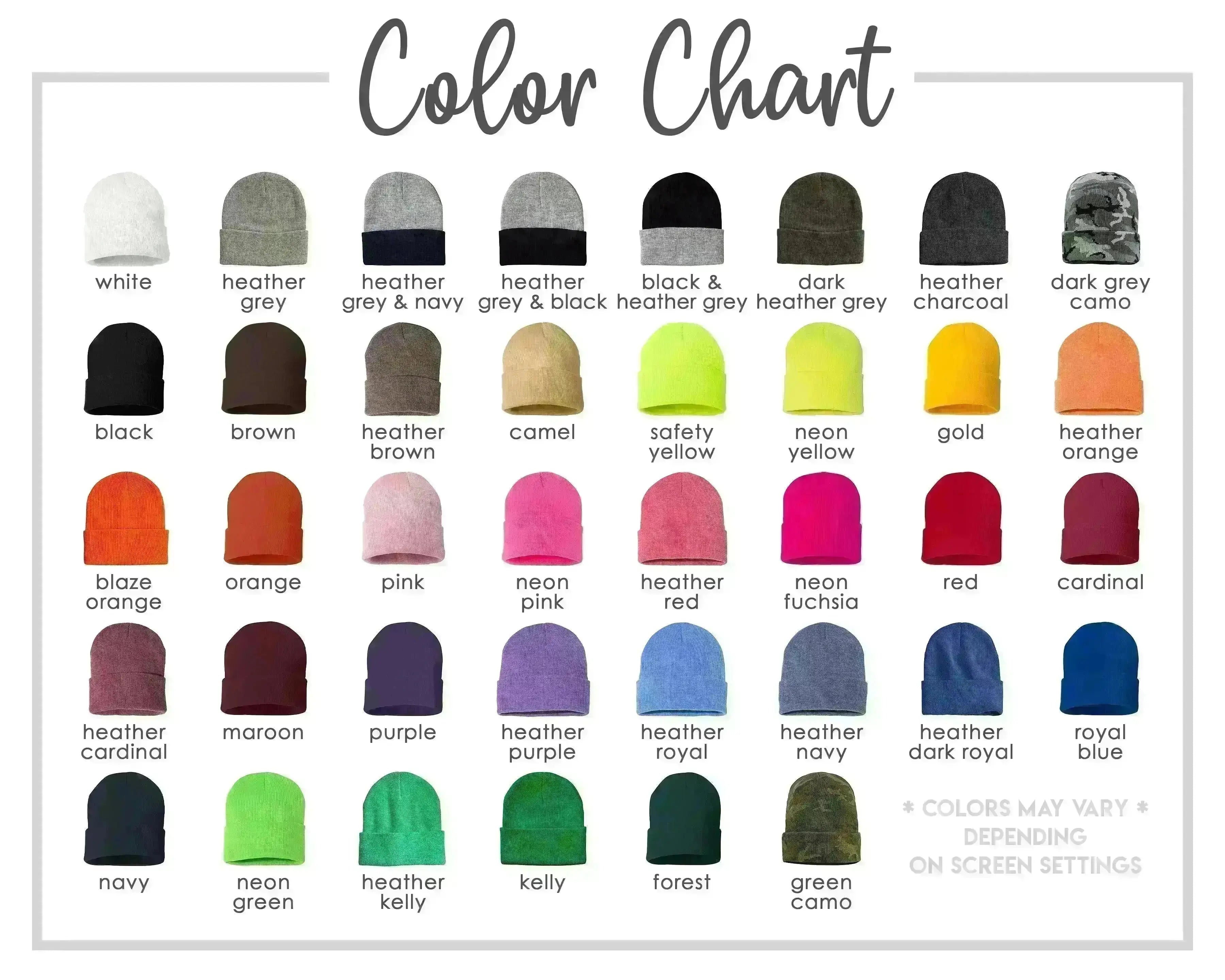 a color chart with various colored beanie hats, each corresponding to a different color. The chart includes a variety of colors such as white, grey, black, navy, grey & navy, black & dark grey, charcoal, and camo. The colors are organized in rows and columns, with each row representing a different color and each column representing a different type of beanie hat. The chart provides a visual representation of the different color combinations and styles available for beanie hats.