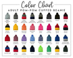 The image is a color chart for an adult pom-pom cuffed beanie, showing various color options such as light grey, dark grey, dark grey, black, black & red, and red & gold.