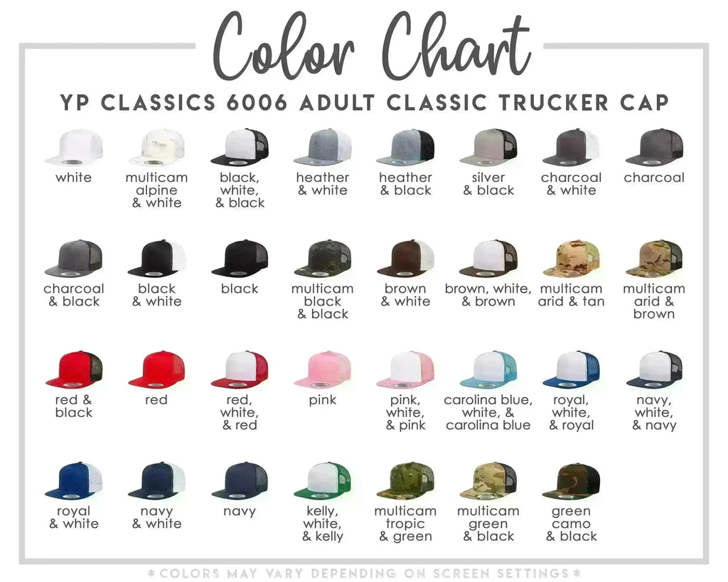 The image is a color chart for adult classic trucker caps, displaying various colors and styles available for purchase.
