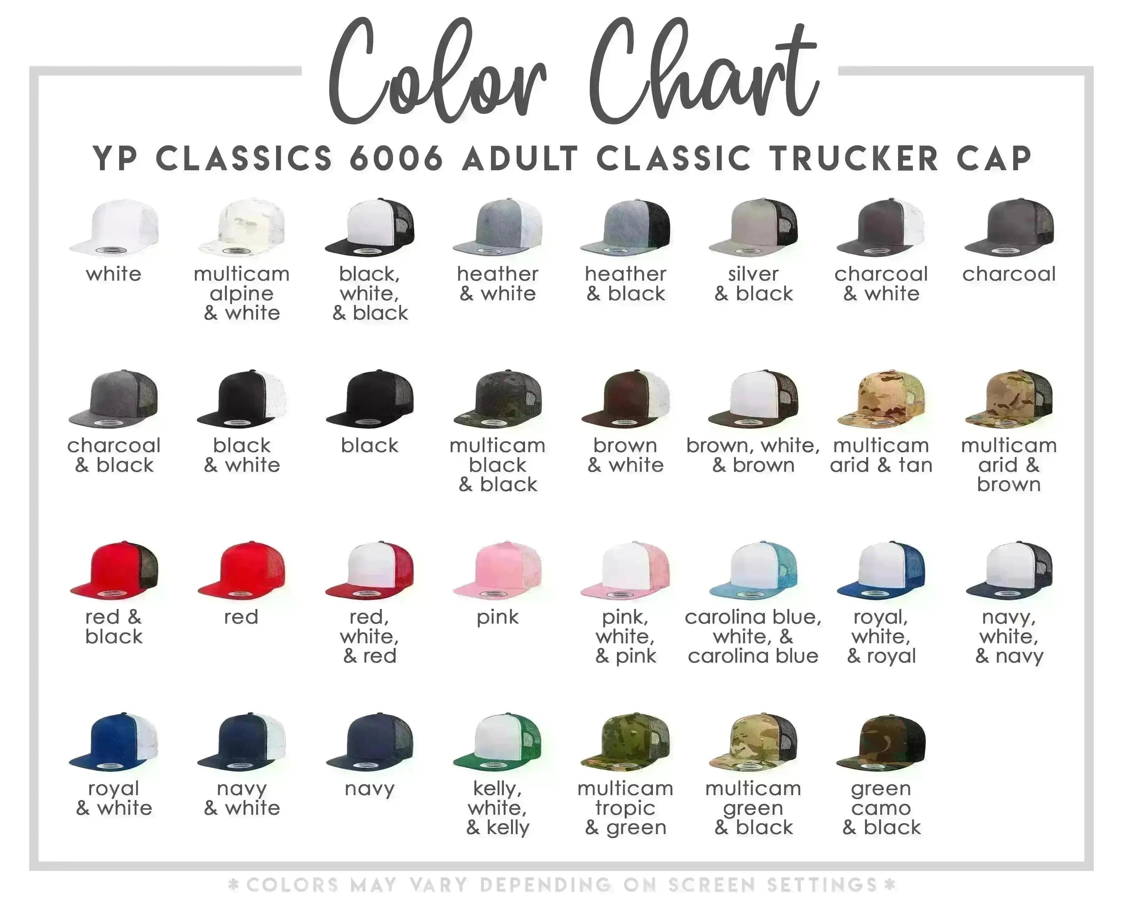 The image is a color chart for adult classic trucker caps, displaying various colors and styles available for purchase.