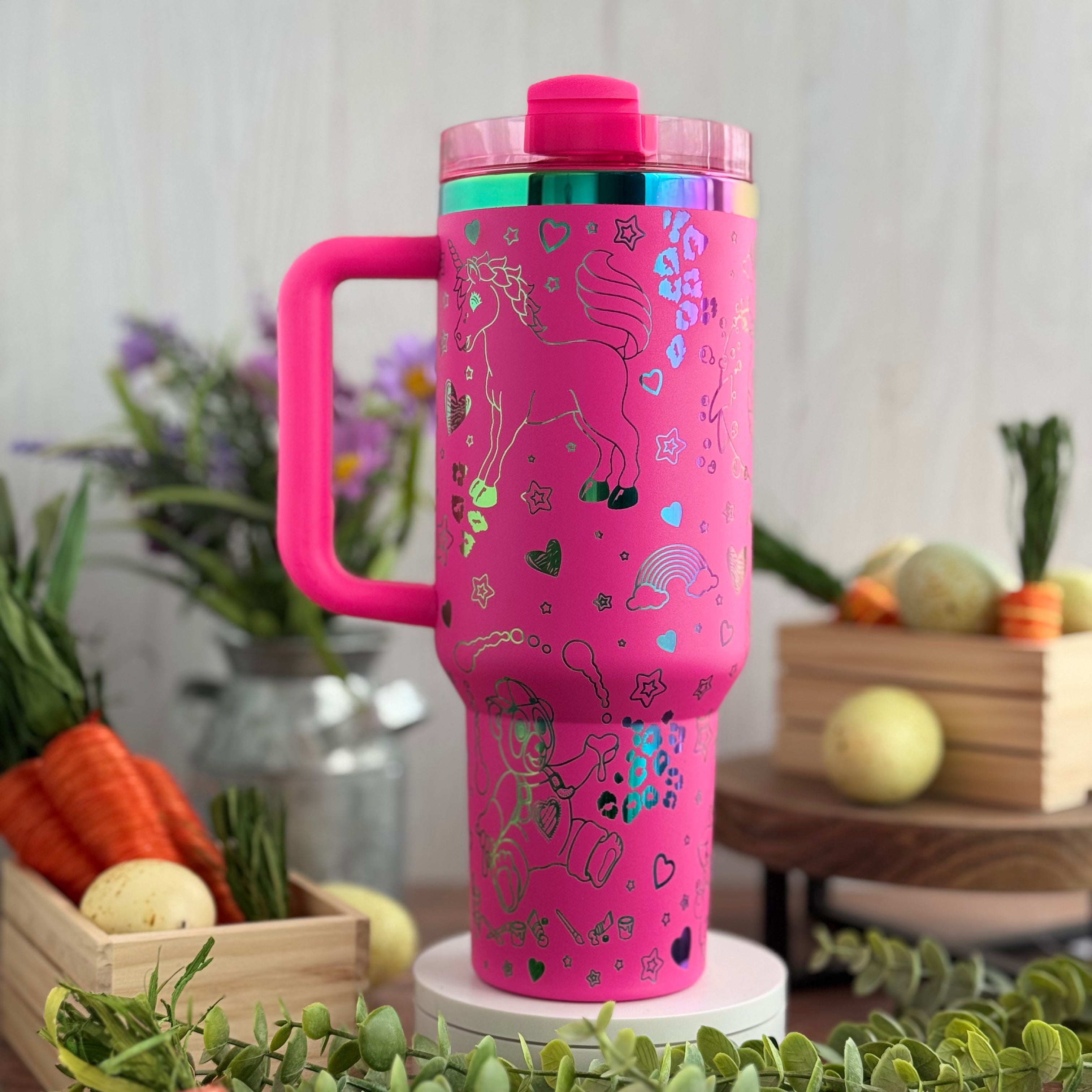 Lisa Frank Engraved Hot Pink Rainbow 40oz Tumbler 