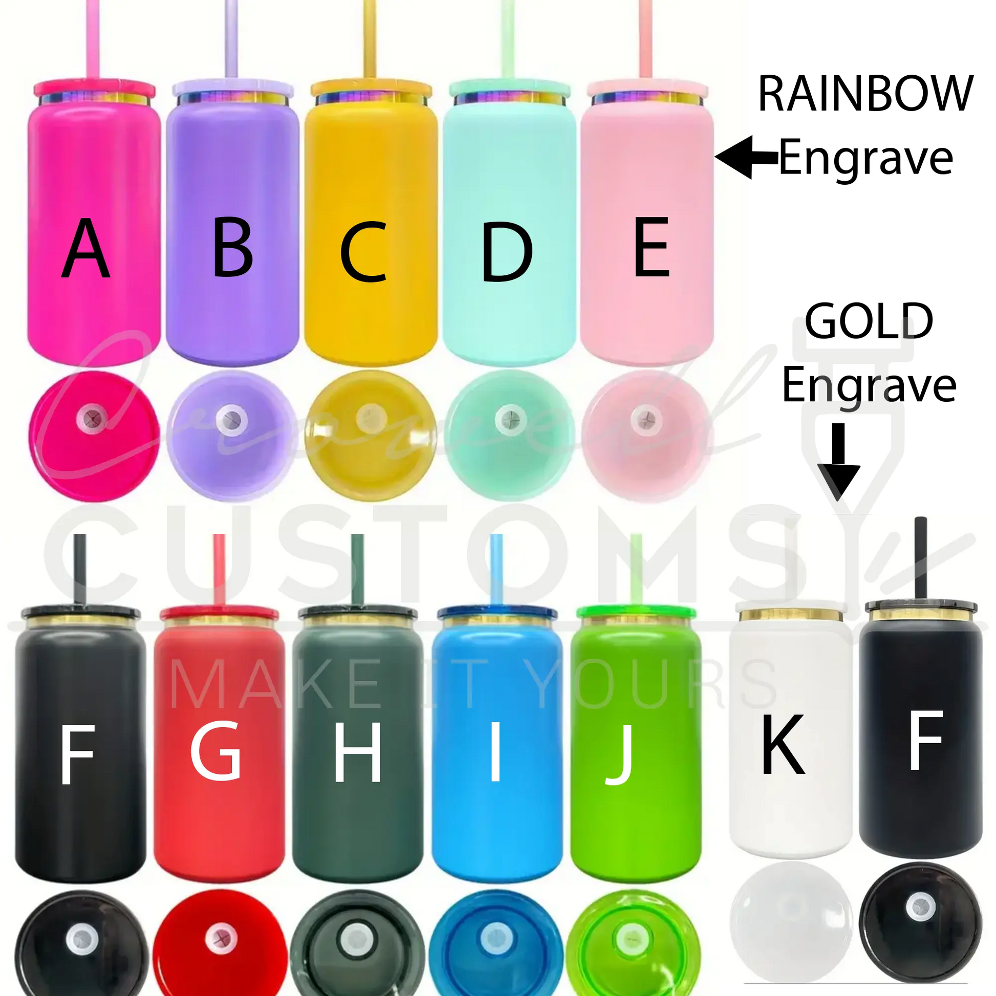 a collection of colorful, personalized drinkware with engraved letters and straws.