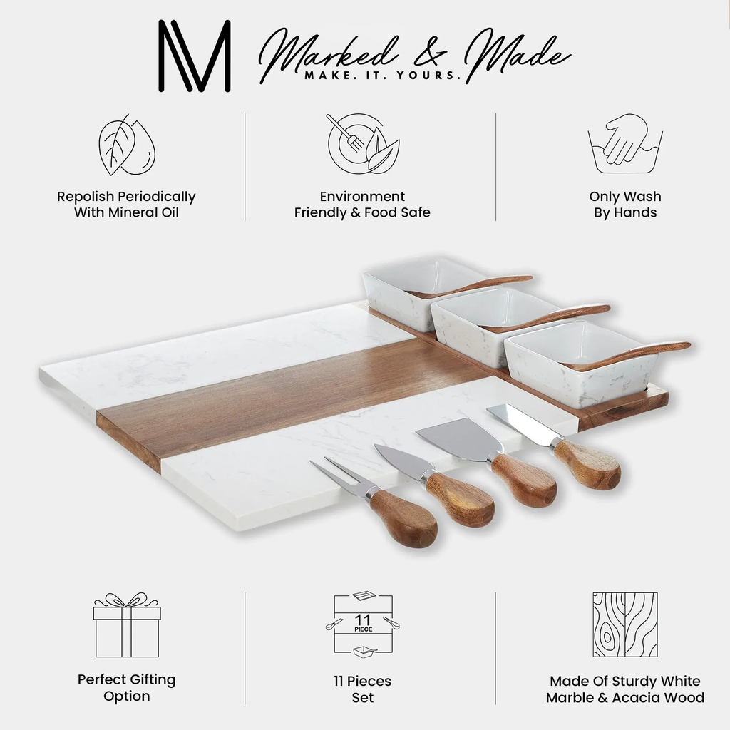 Marble & Acacia Charcuterie Cutting Board – 11 Piece Set 