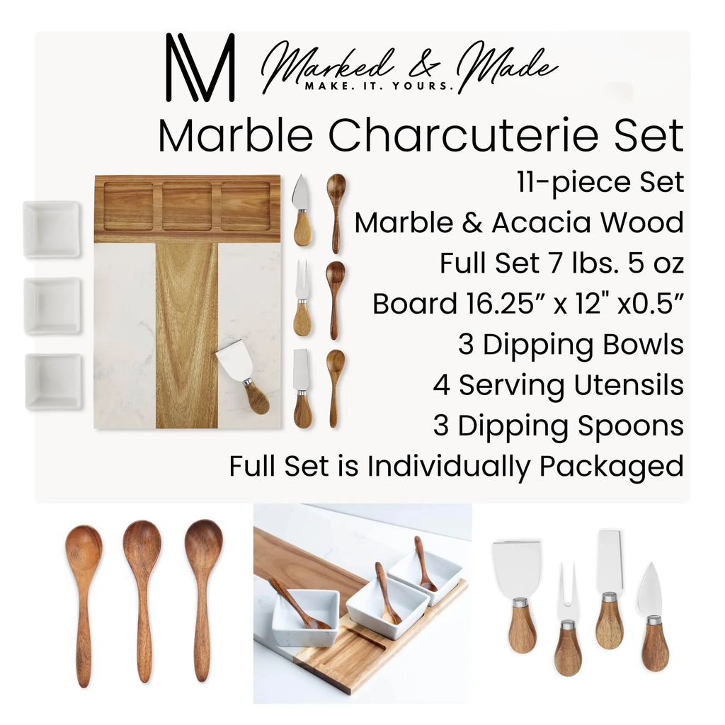 Marble & Acacia Charcuterie Cutting Board – 11 Piece Set 