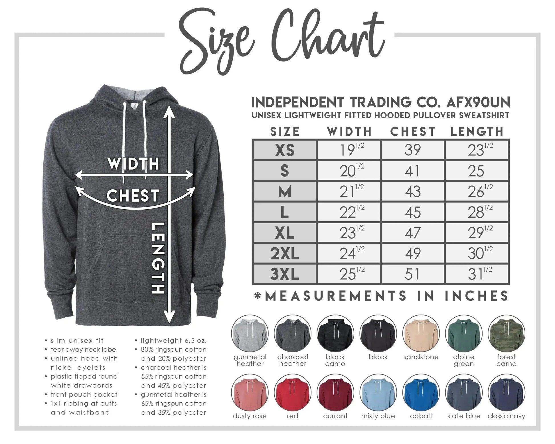 The image is a size chart for a grey hooded pullover sweater from the Independent Trading Co. AF90OUN. It provides measurements for different chest and waist sizes, as well as the corresponding sleeve and waistband measurements. The chart also includes color swatches for the various sizes and styles of the sweater.
