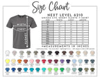 The image is a size chart for a unisex short sleeve t-shirt, providing measurements and color options for different sizes.