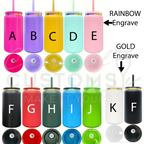 a collection of colorful, personalized drinkware with engraved letters and straws.