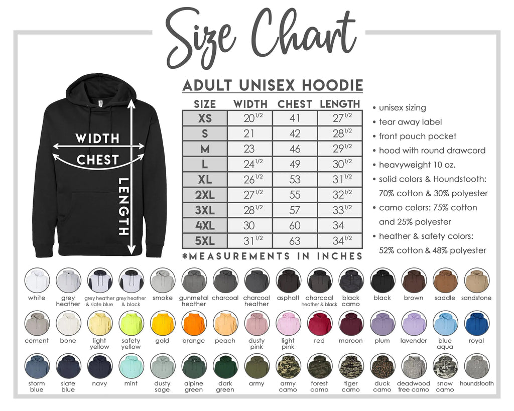 The image is a size chart for an adult unisex hoodie, providing measurements for chest width, chest length, and other dimensions.