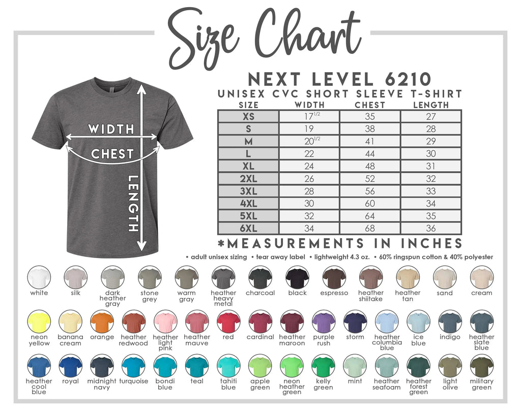 The image is a size chart for a unisex short sleeve t-shirt, providing measurements and color options for different sizes.