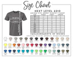 The image is a size chart for a unisex short sleeve t-shirt, providing measurements and color options for different sizes.