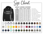 The image is a size chart for an adult unisex hoodie, providing measurements for chest width, chest length, and other dimensions.