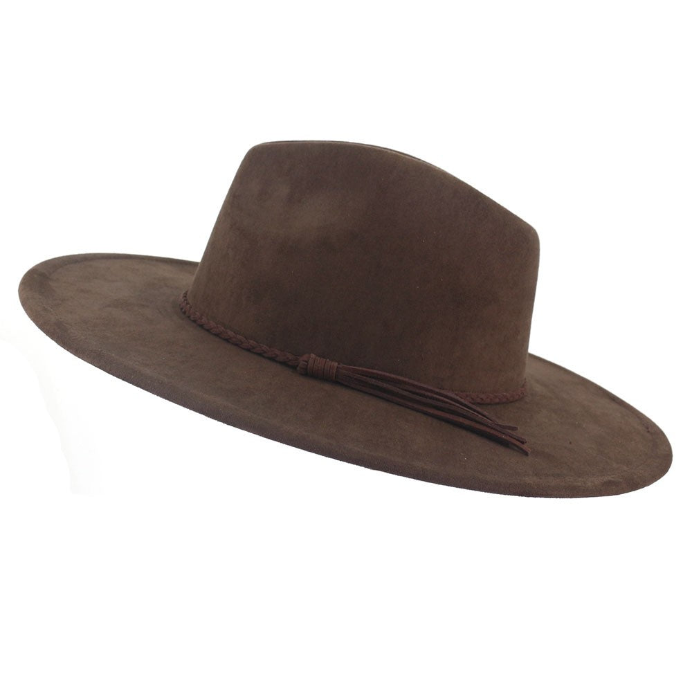 Brown vegan suede flat brim cowboy hat