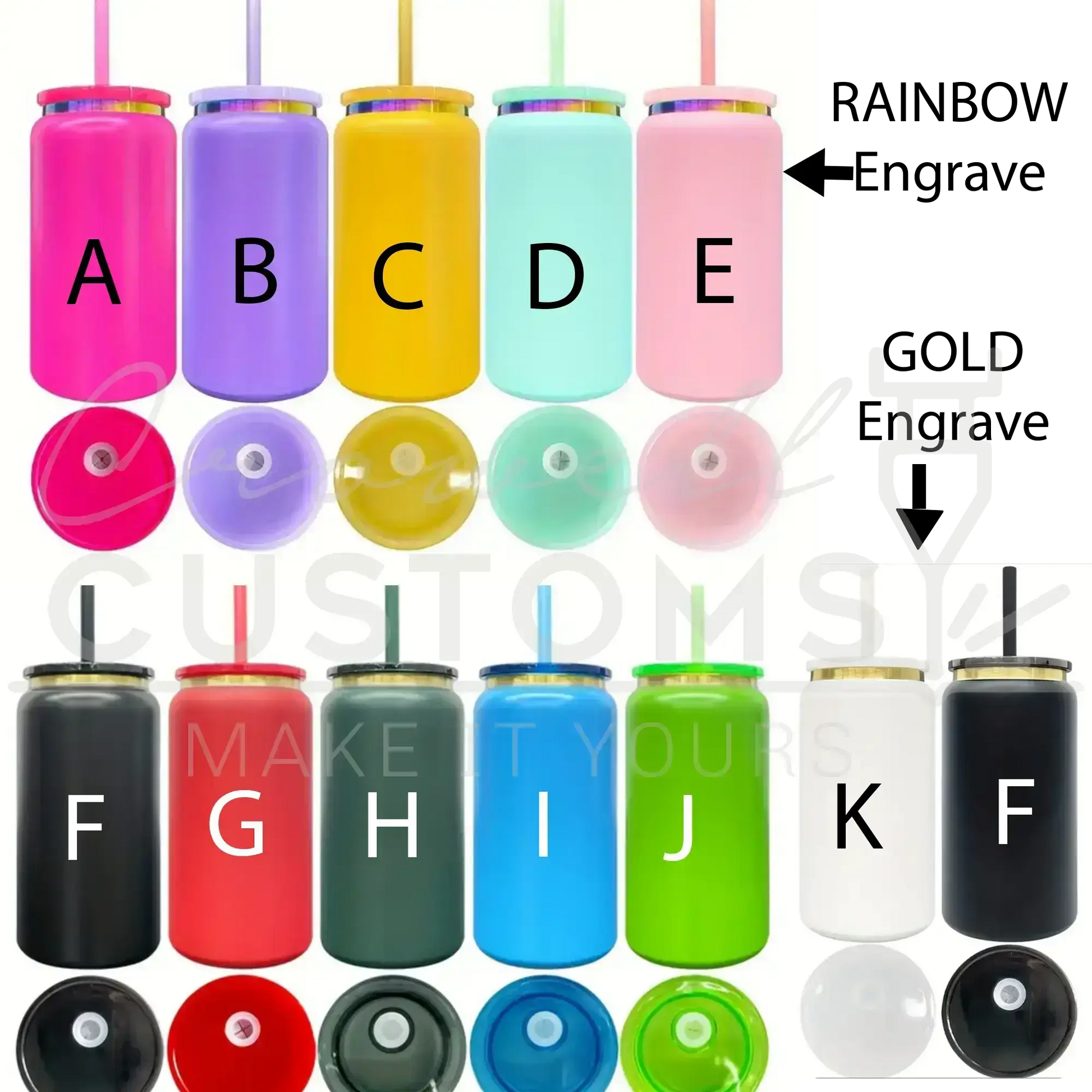 a collection of colorful, personalized drinkware with engraved letters and straws.