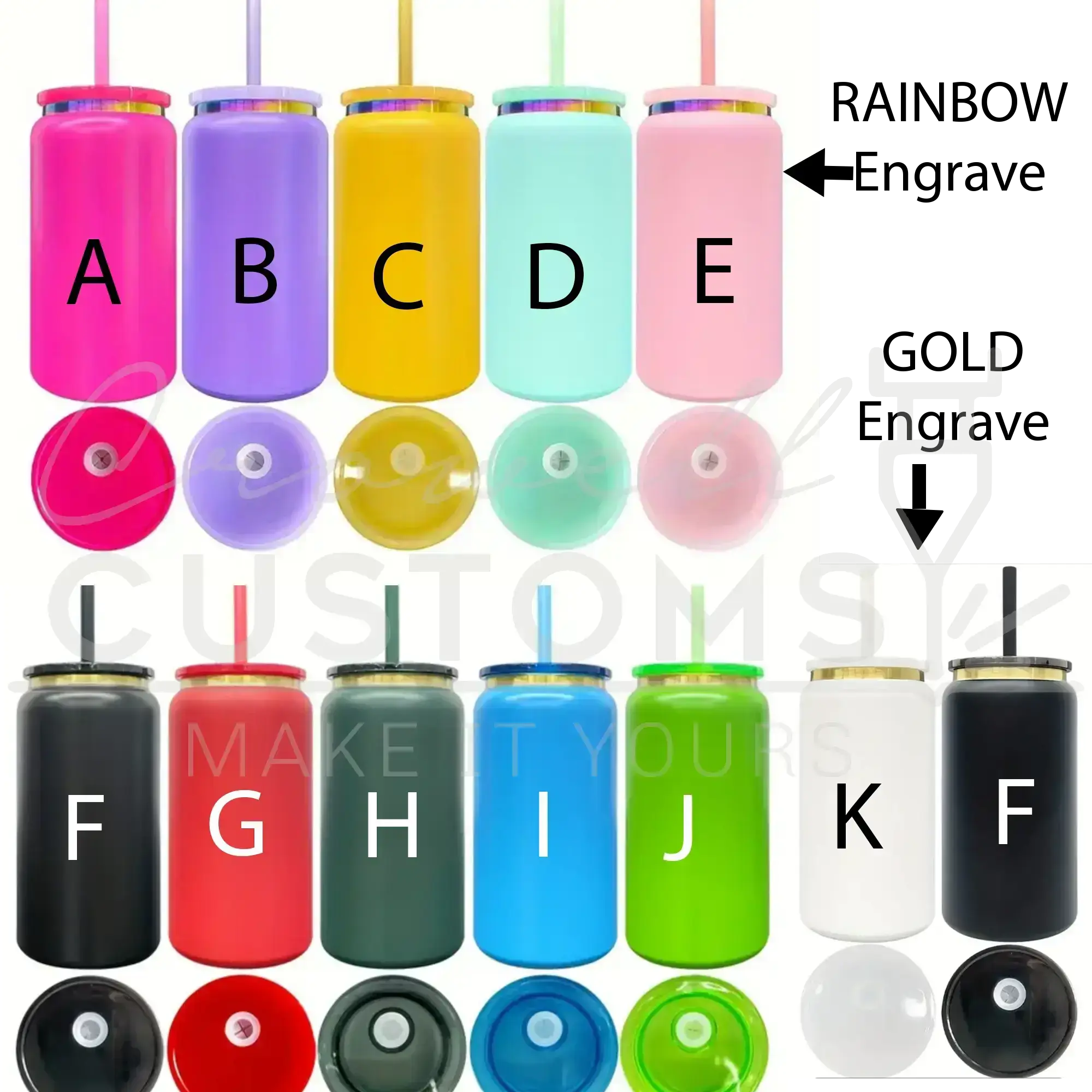 a collection of colorful, personalized drinkware with engraved letters and straws.