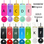 a collection of colorful, personalized drinkware with engraved letters and straws.