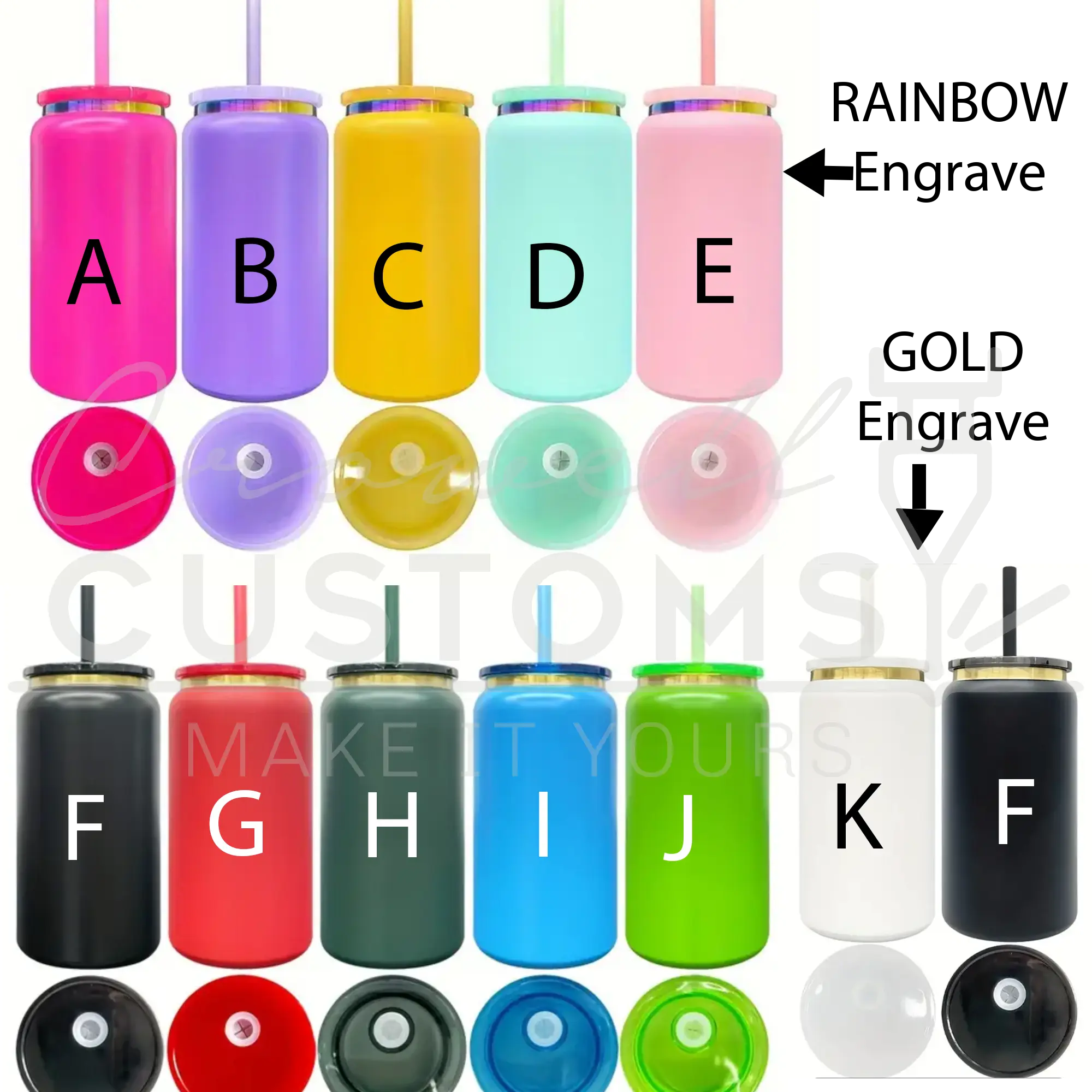 a collection of colorful, personalized drinkware with engraved letters and straws.