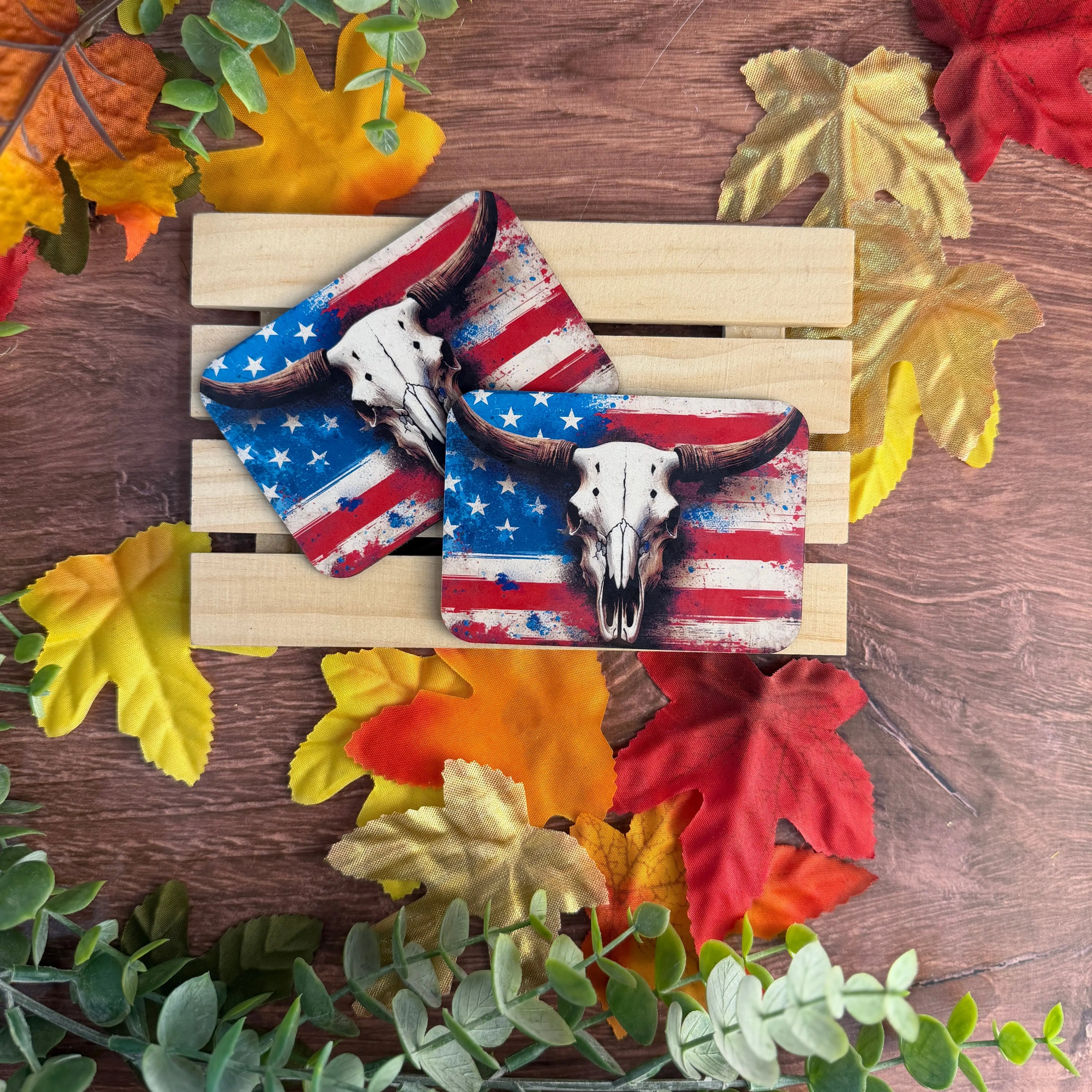 Patriotic Longhorn Flag | USA | UV Printed Leather Hat Patch 