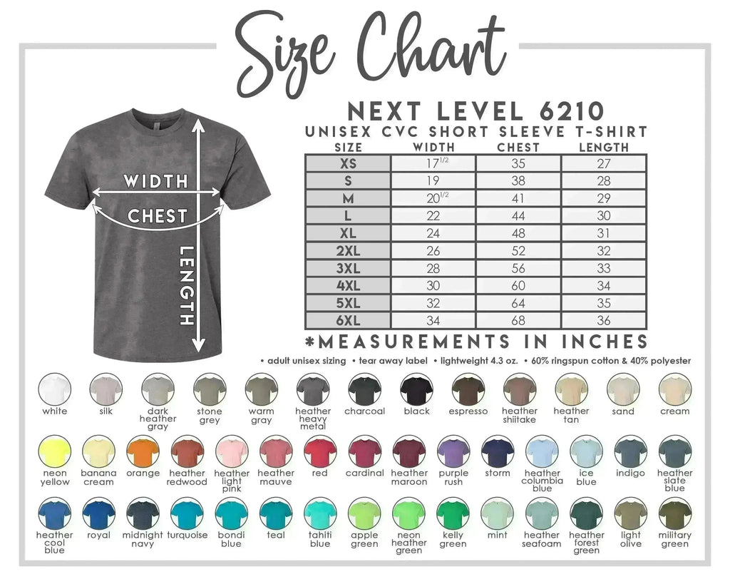 The image is a size chart for a unisex short sleeve t-shirt, providing measurements and color options for different sizes.
