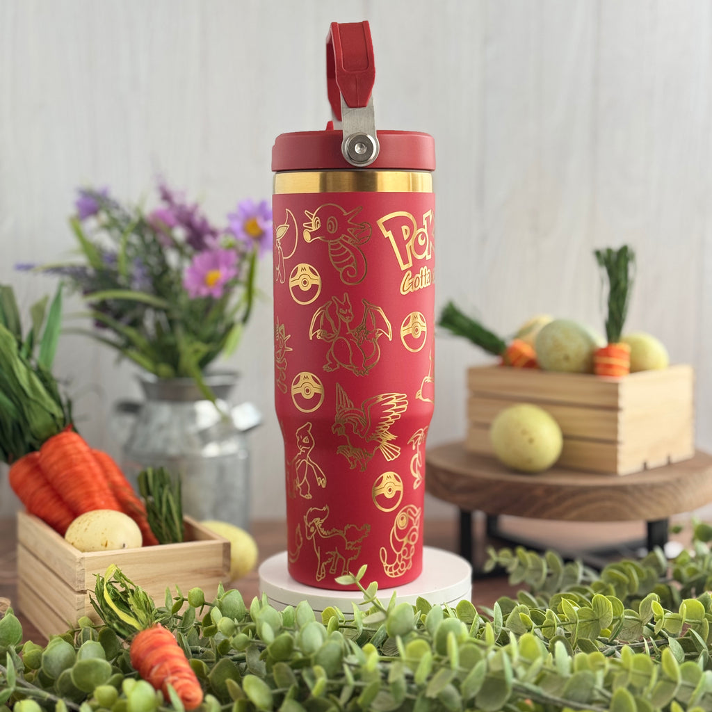 Pokemon Engraved Redto Gold Plated 30 oz Ice Flow Dupe Tumbler 