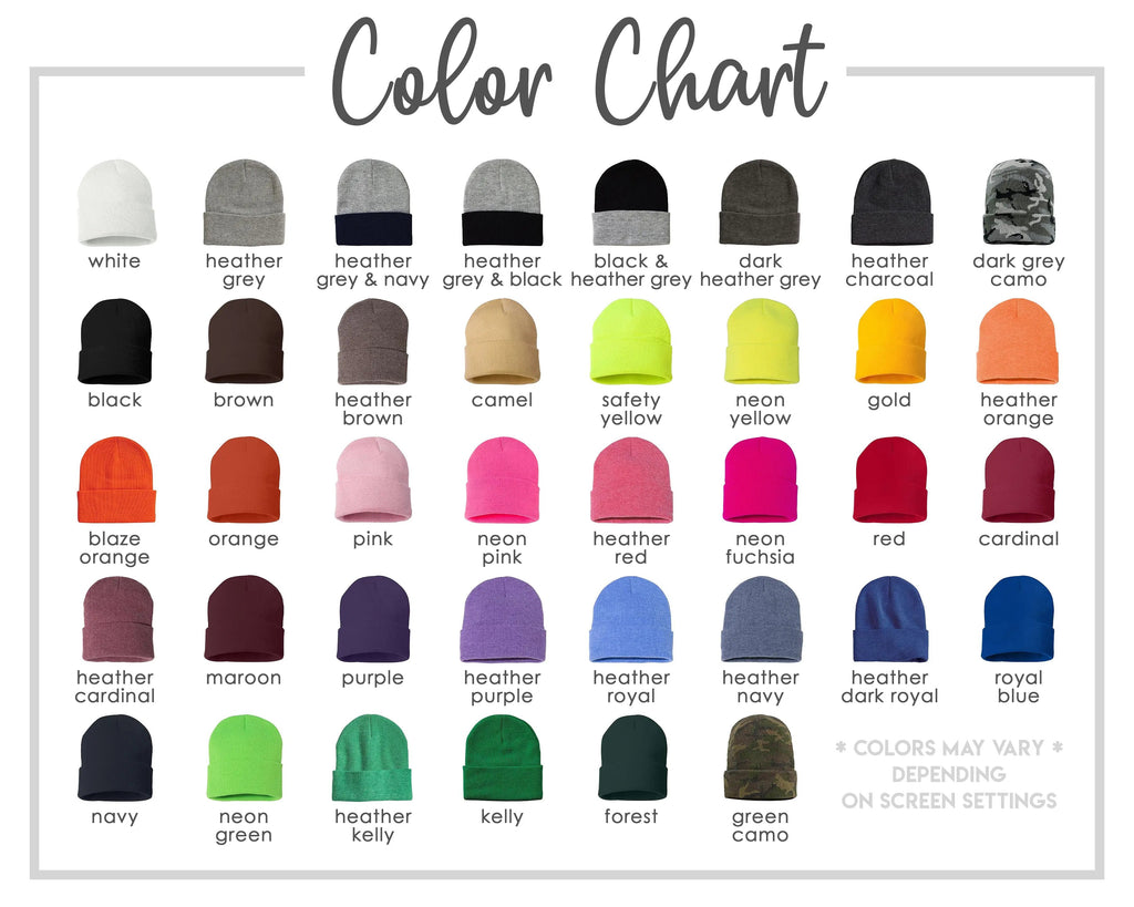 a color chart with various colored beanie hats, each corresponding to a different color. The chart includes a variety of colors such as white, grey, black, navy, grey & navy, black & dark grey, charcoal, and camo. The colors are organized in rows and columns, with each row representing a different color and each column representing a different type of beanie hat. The chart provides a visual representation of the different color combinations and styles available for beanie hats.