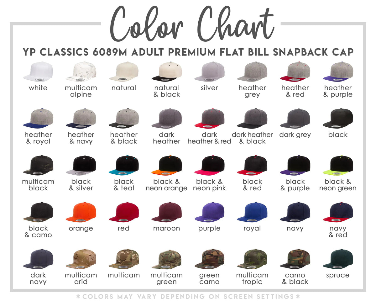 The image is a color chart displaying various adult flat caps in different colors, including white, multicolored, natural, silver, heather, royal, and navy.