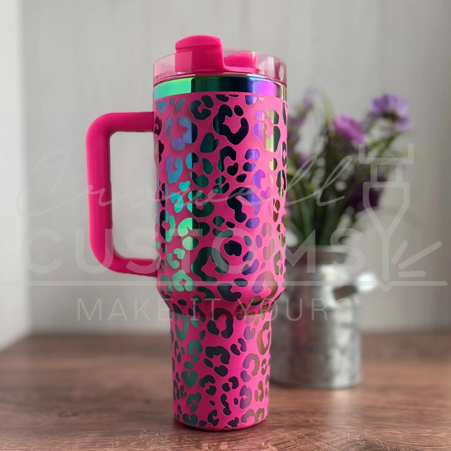 Pre-Made Ready to Ship Leopard Print (Cheetah) Pattern Hot Pink to Rainbow  40 oz Quencher Tumbler 