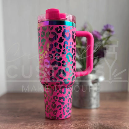 Pre-Made Ready to Ship Leopard Print (Cheetah) Pattern Hot Pink to Rainbow  40 oz Quencher Tumbler 