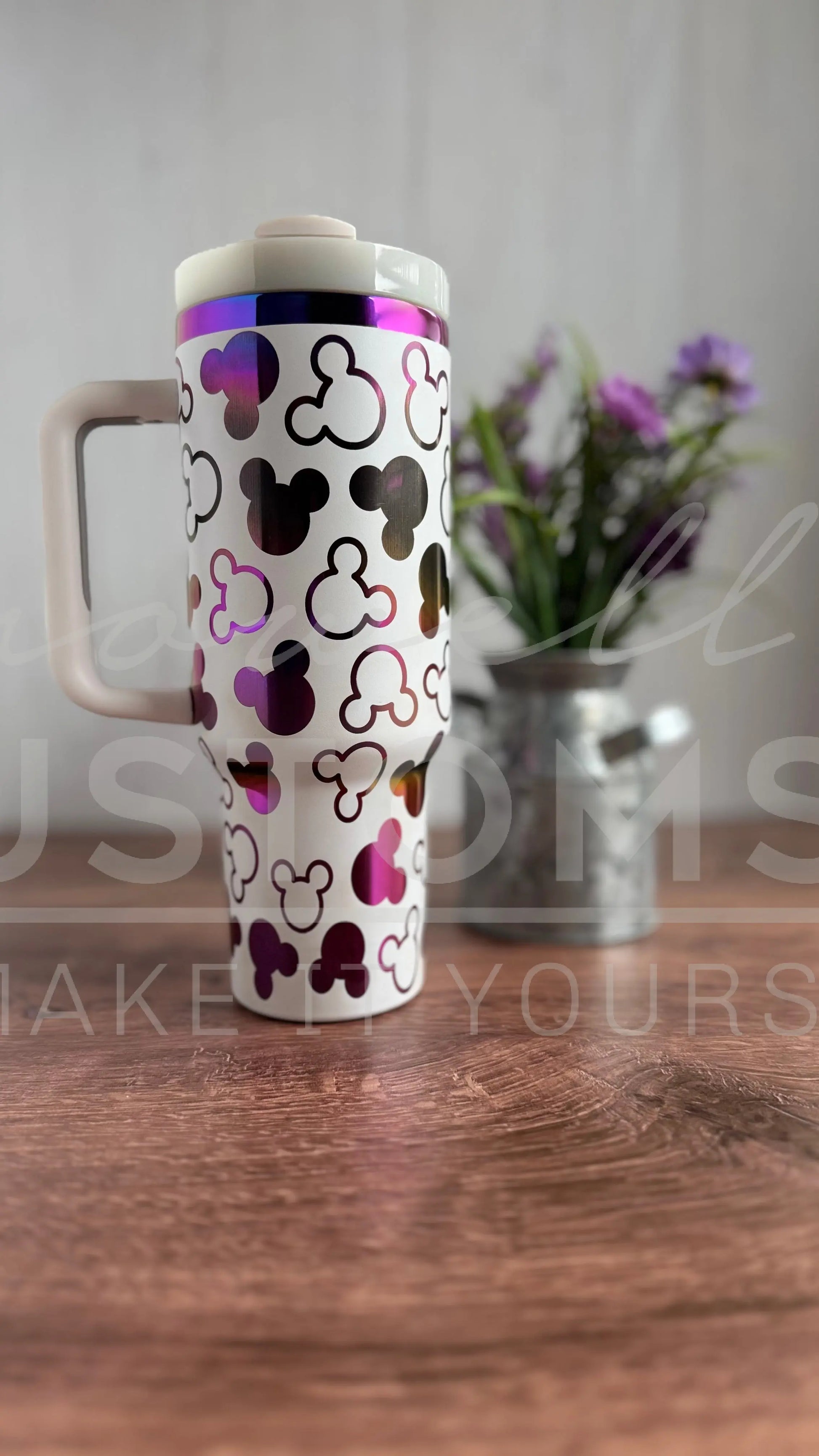 Pre-Made Ready to Ship Mickey Mouse Ear Pattern Disney Tumbler White to purple hombre 