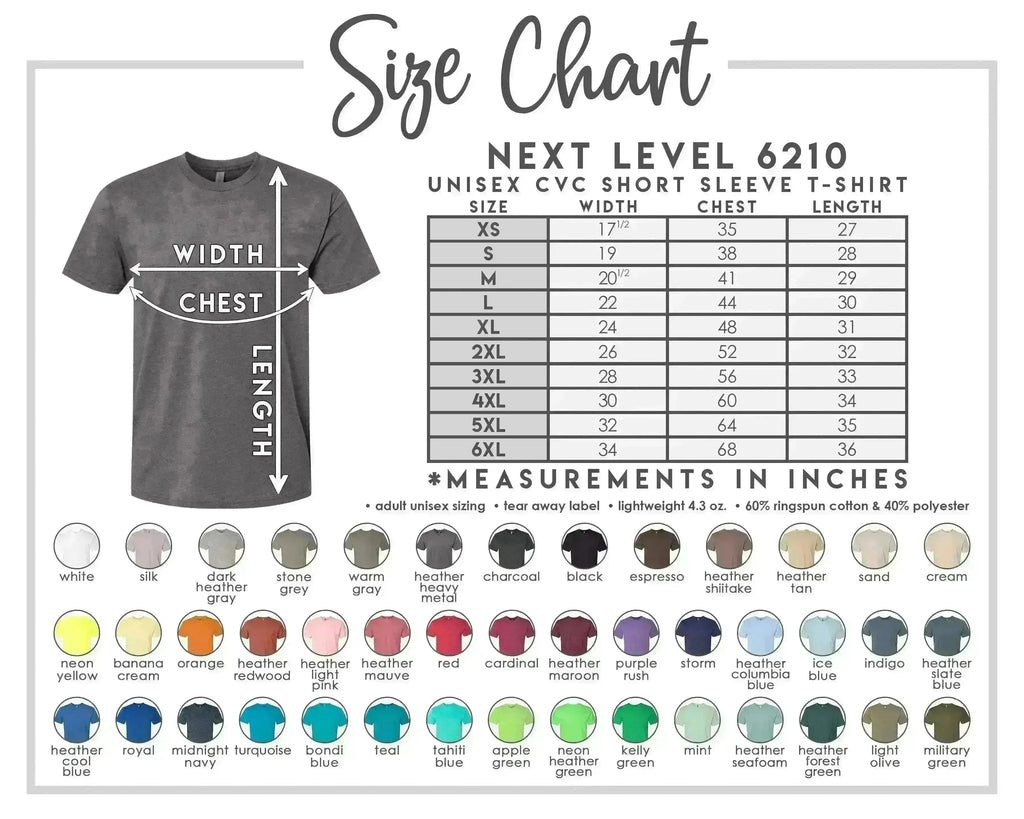 The image is a size chart for a unisex short sleeve t-shirt, providing measurements and color options for different sizes.
