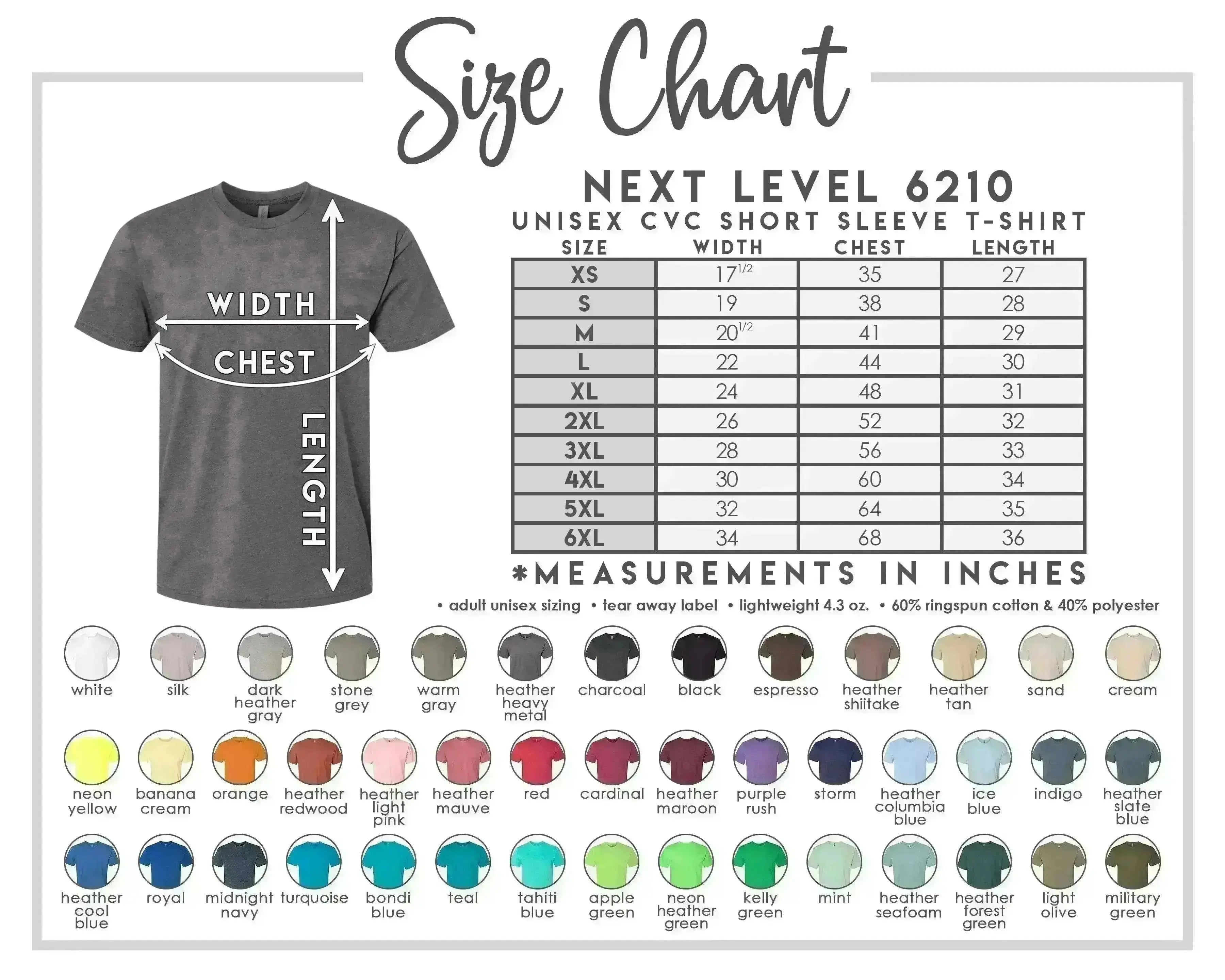 The image is a size chart for a unisex short sleeve t-shirt, providing measurements and color options for different sizes.