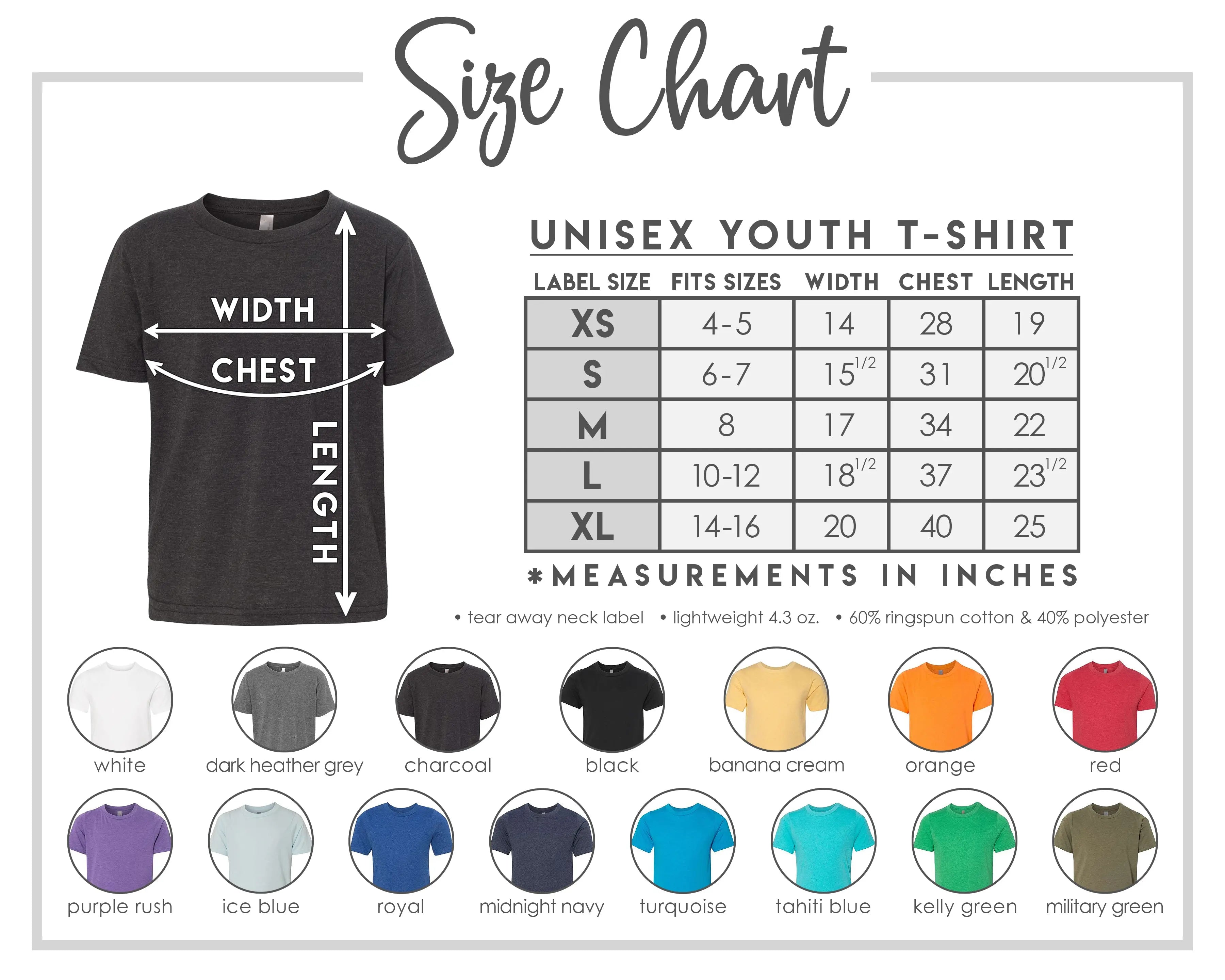 The image is a size chart for a UNISEYouth T-shirt, providing measurements for different age groups and corresponding shirt colors.