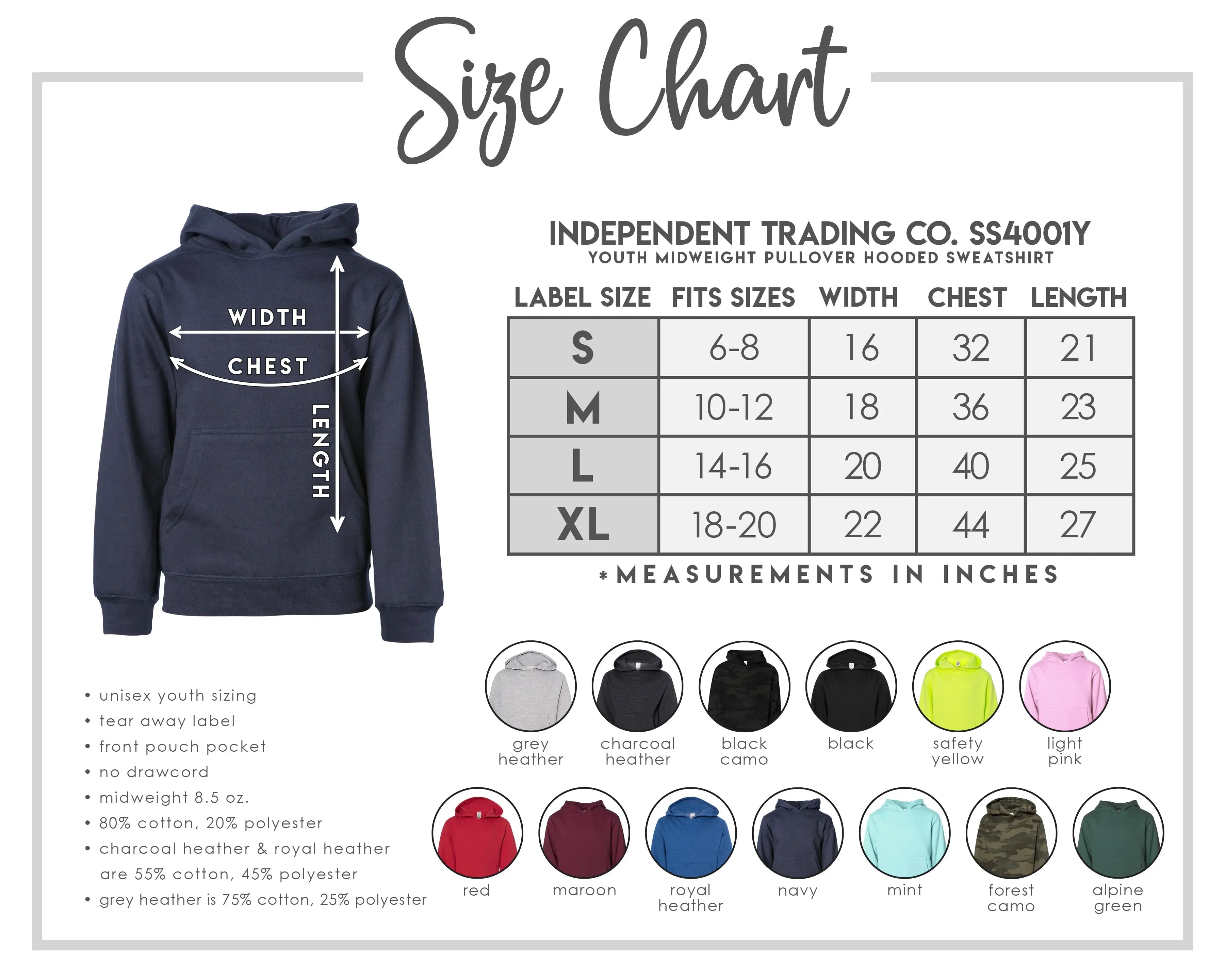 The image is a size chart for a youth midweight pullover hooded sweatshirt. It includes measurements for chest, waist, and shoulder width, along with a list of color options and corresponding measurements in inches.