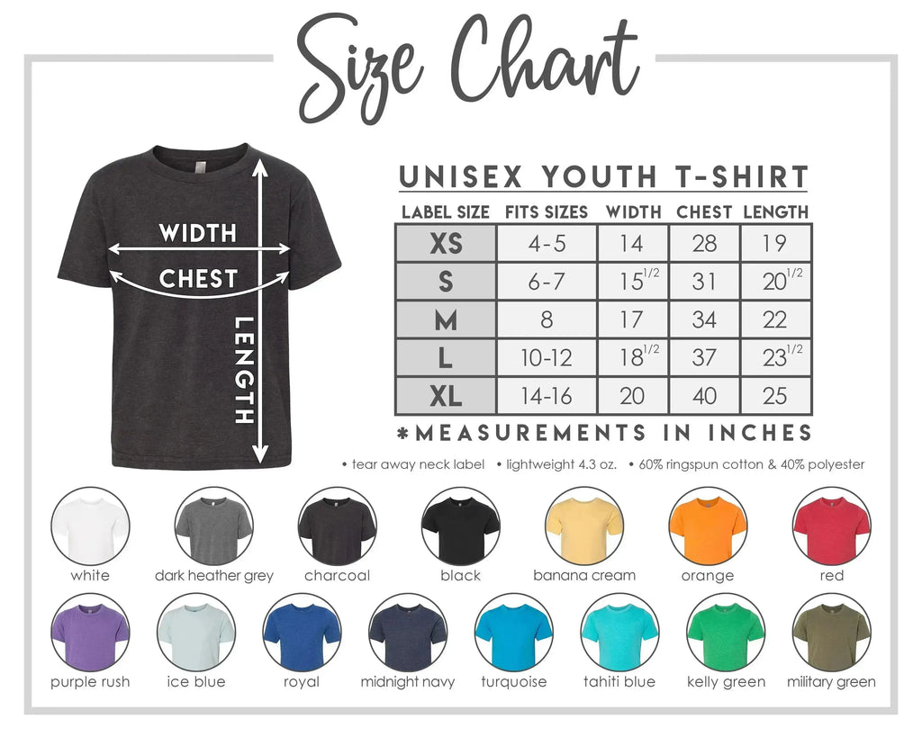 The image is a size chart for a UNISEYouth T-shirt, providing measurements for different age groups and corresponding shirt colors.