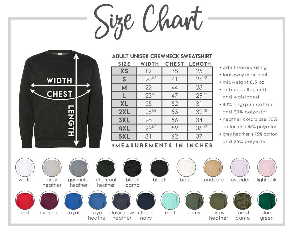 The image is a size chart for an adult unisex crewneck sweatshirt, providing measurements for chest width, chest length, and waist size. The chart includes color swatches for different styles and sizes, along with a list of styles and sizes.