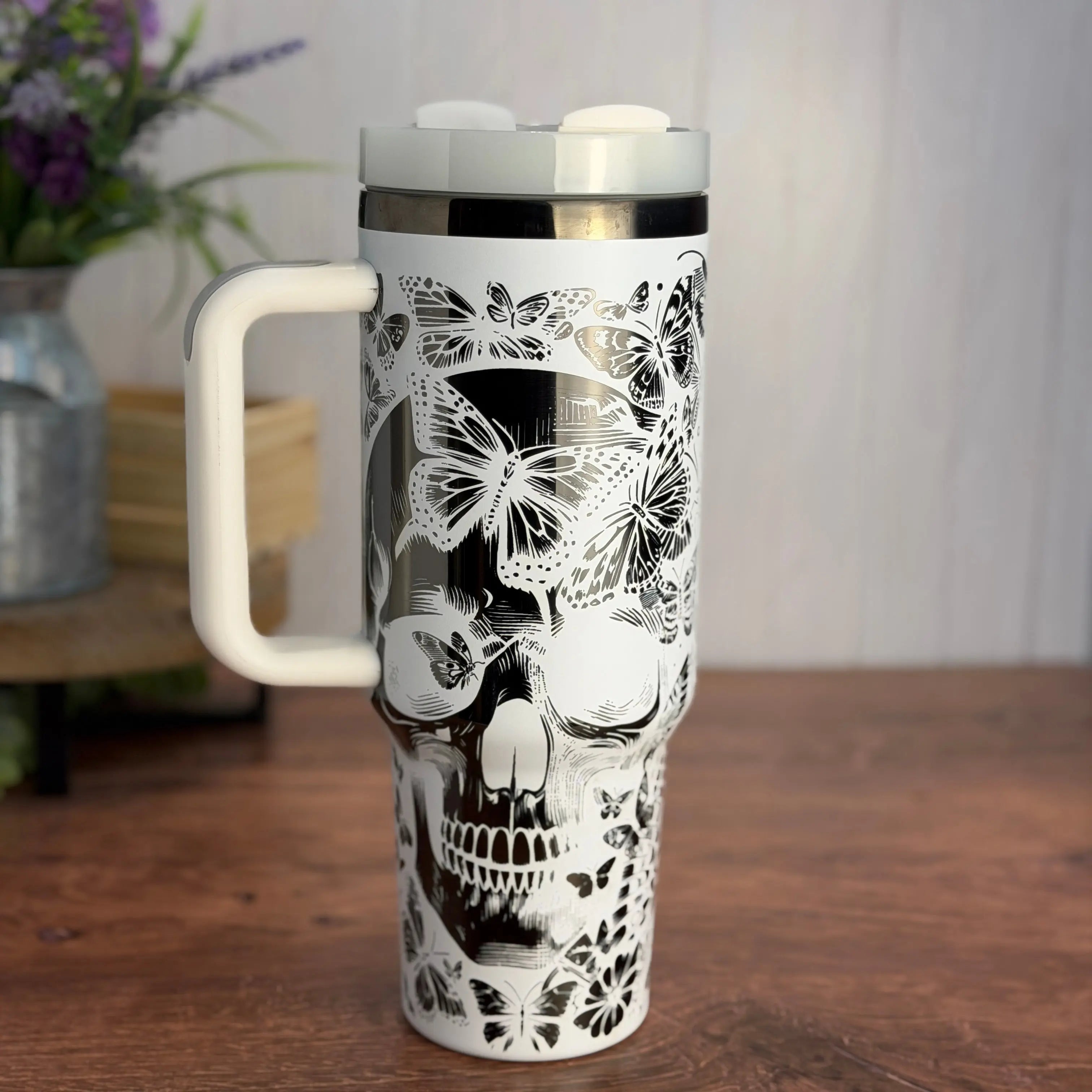 Skull and Butterfly Tumbler White to Black 40 oz tumbler 