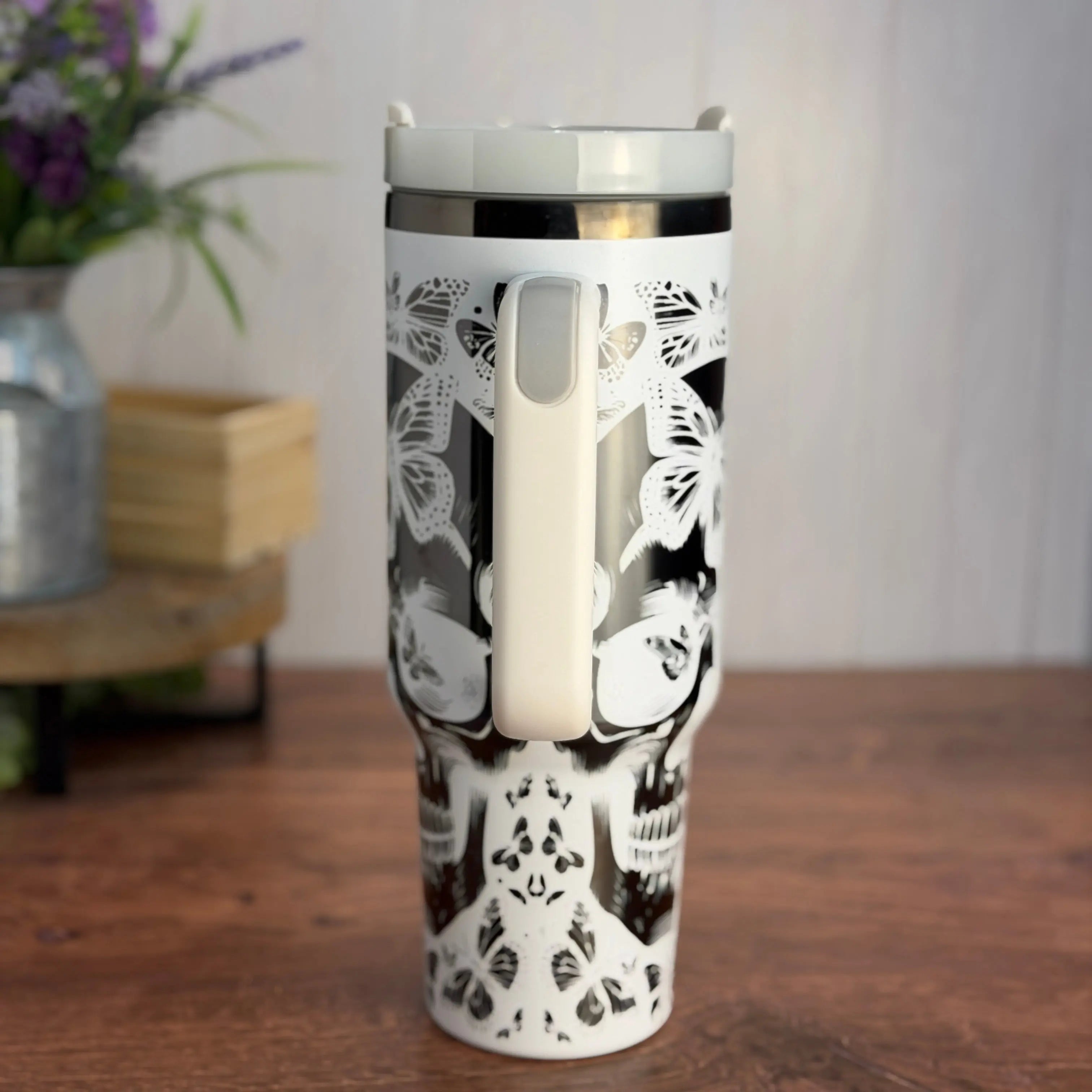 Skull and Butterfly Tumbler White to Black 40 oz tumbler 
