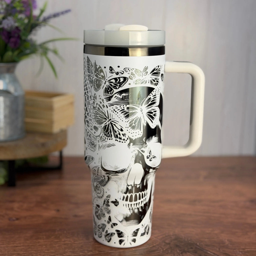 Skull and Butterfly Tumbler White to Black 40 oz tumbler 