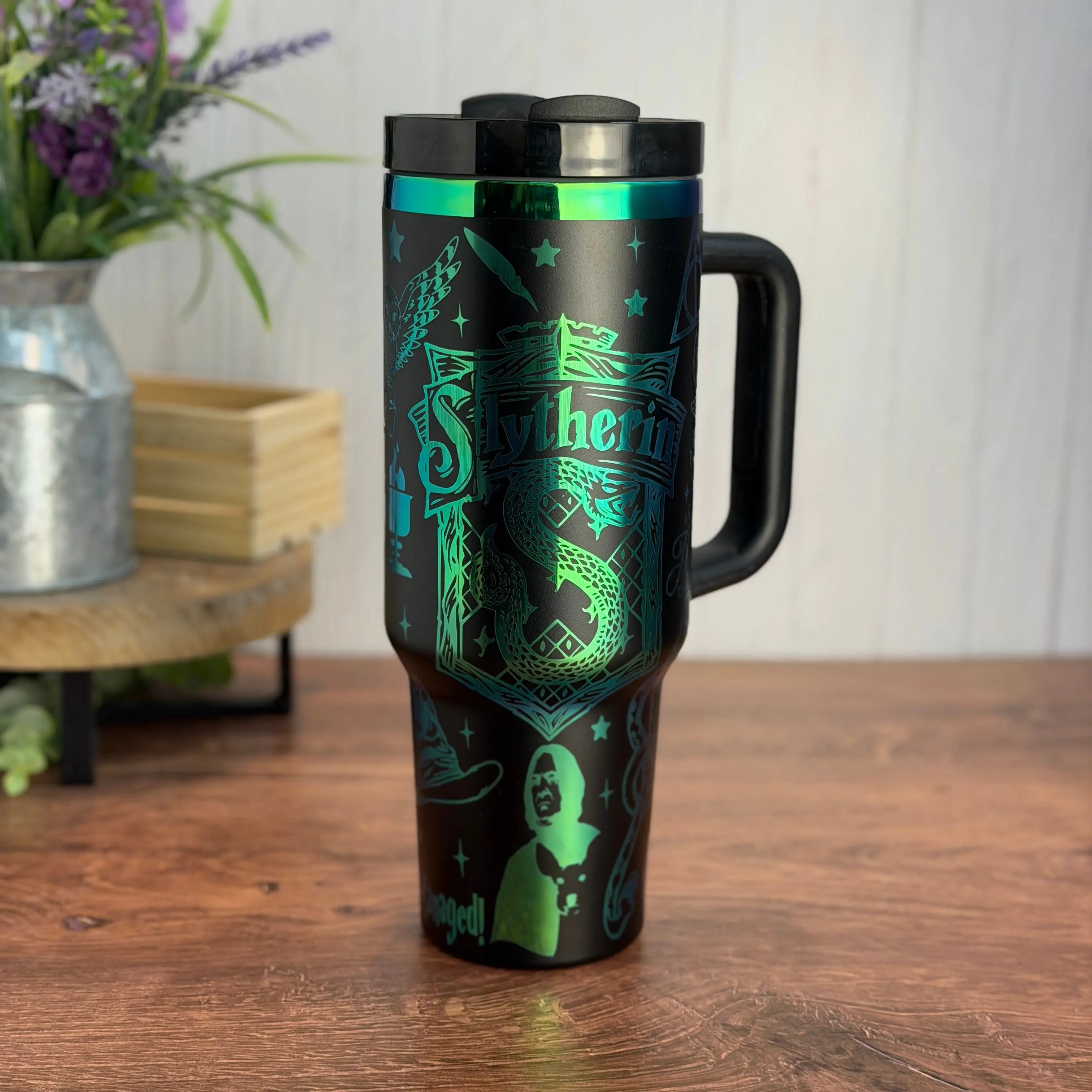 Slytherin Engraved Tumbler (v2) Black to Green/Blue 40oz 