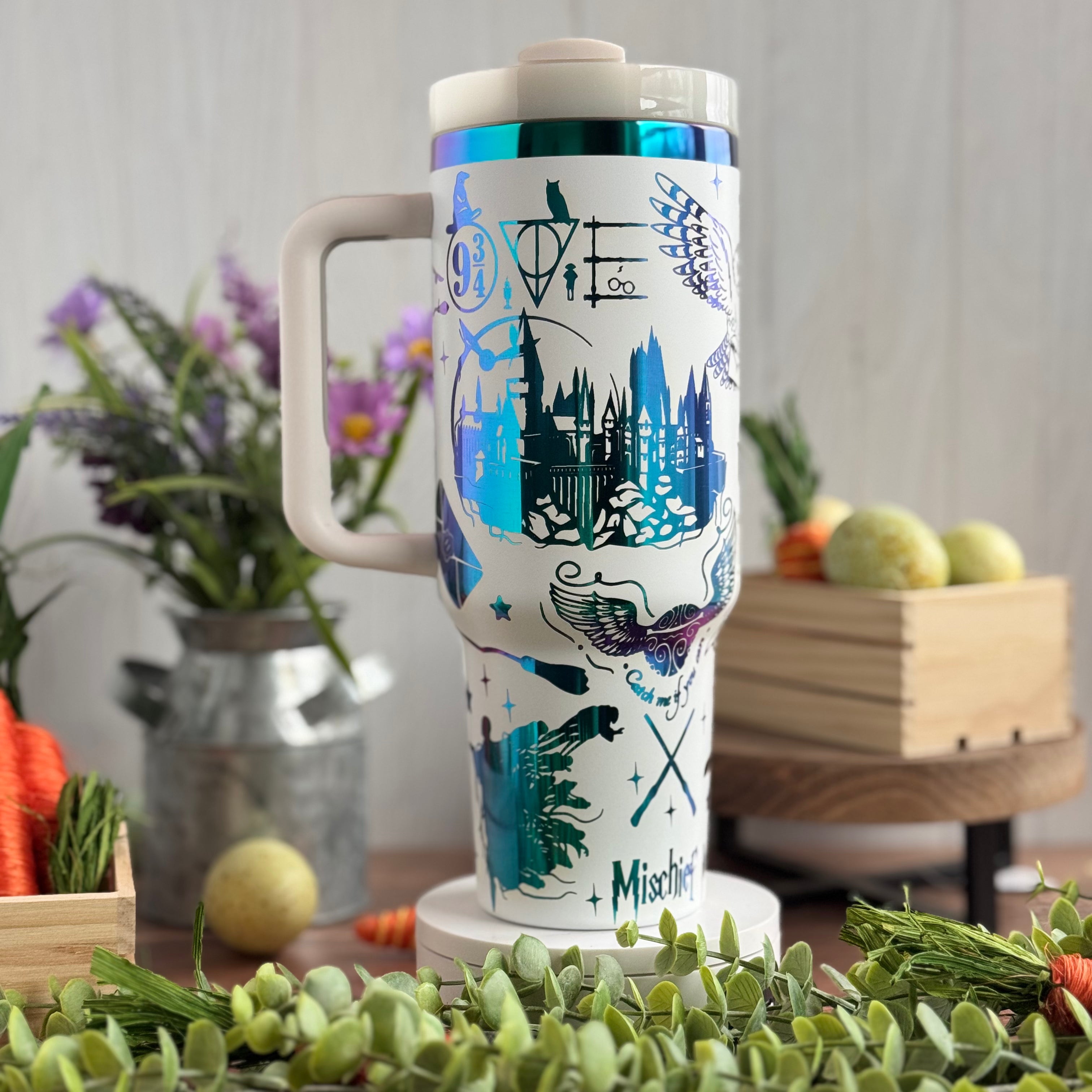 Slytherin Engraved Tumbler (v2) White to Green/Blue 40oz 