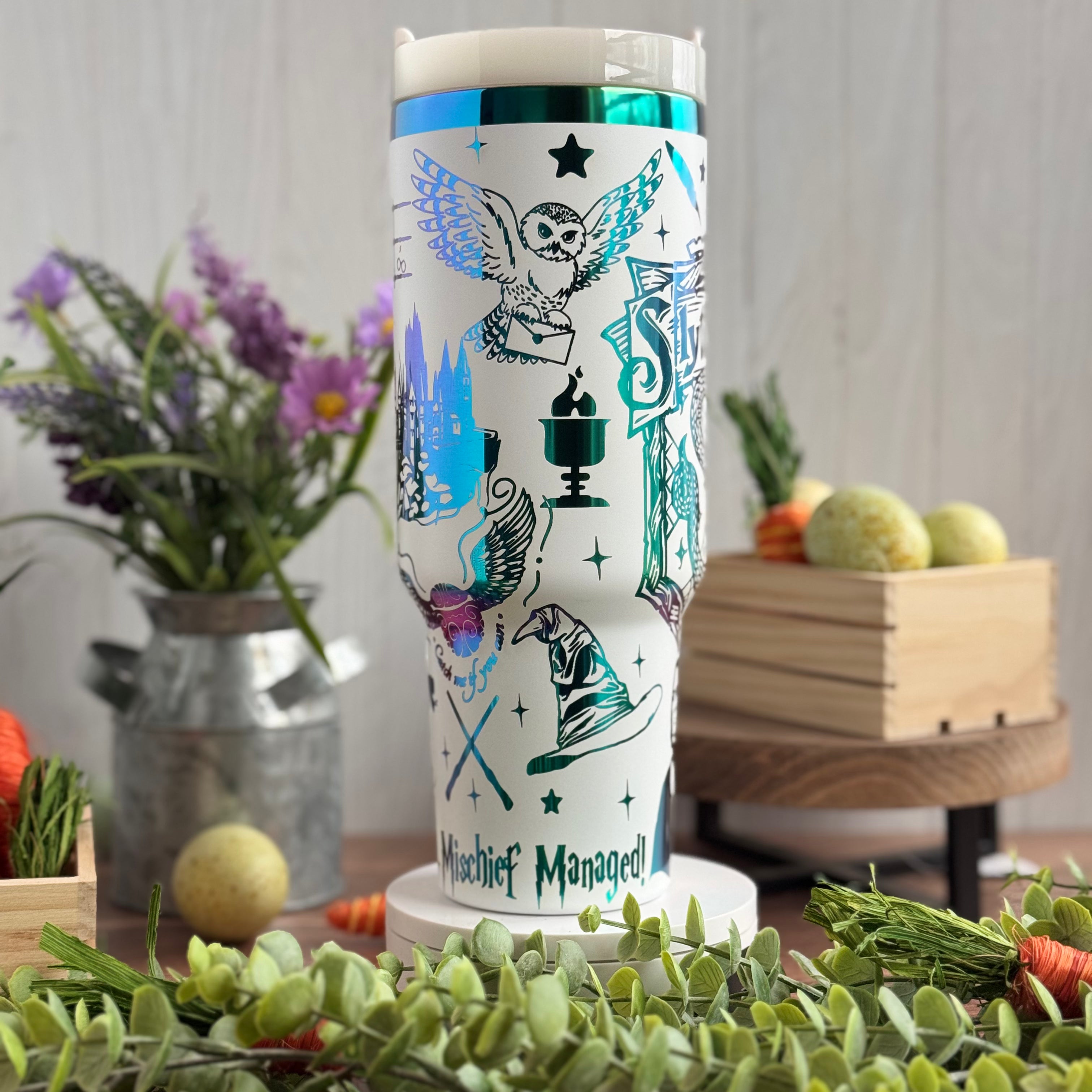 Slytherin Engraved Tumbler (v2) White to Green/Blue 40oz 