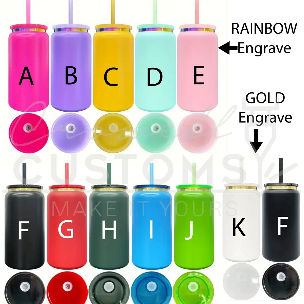 a collection of colorful, personalized drinkware with engraved letters and straws.