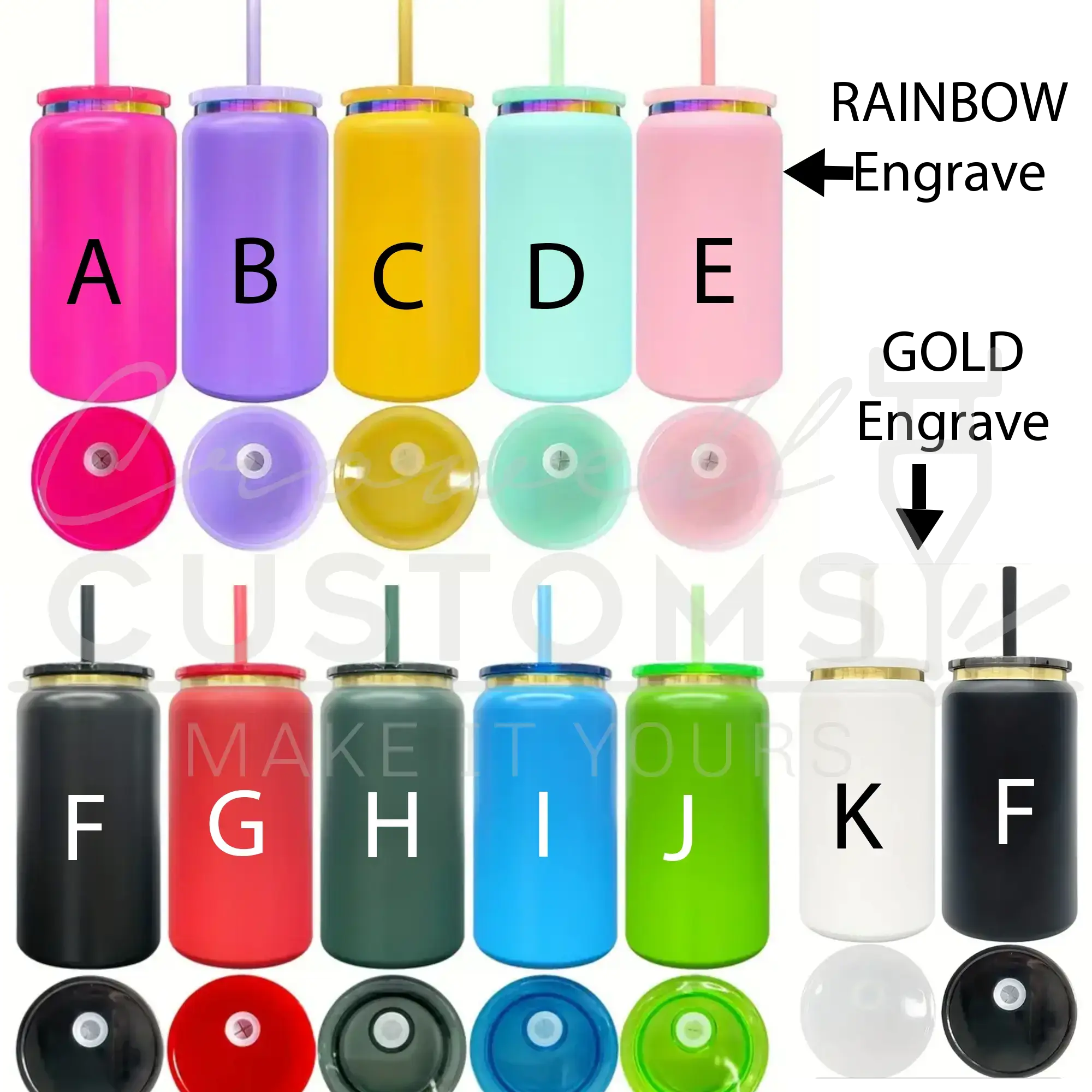 a collection of colorful, personalized drinkware with engraved letters and straws.