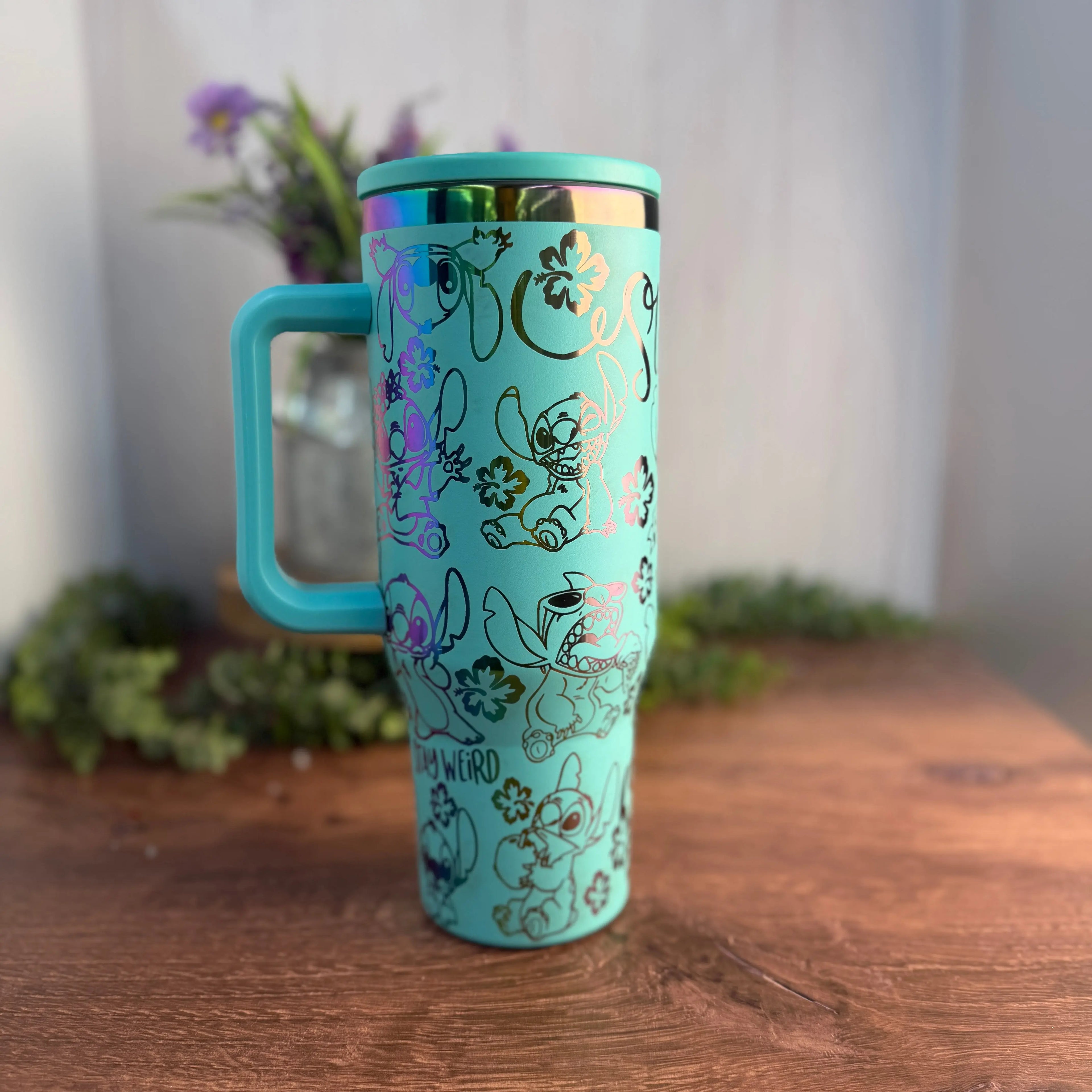 Stitch (Stay Weird/Ohana) Tumbler Teal to Rainbow flipstraw 40oz 
