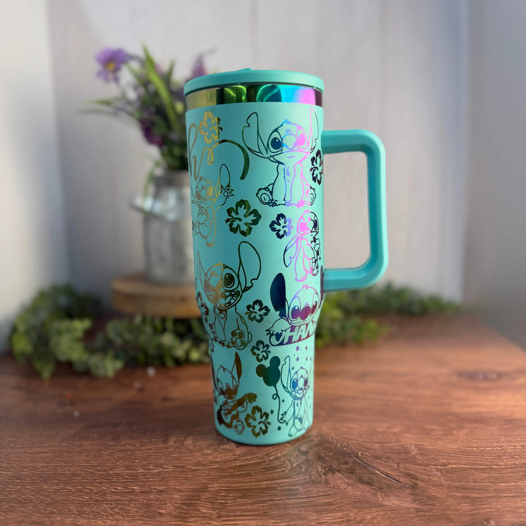 Stitch (Stay Weird/Ohana) Tumbler Teal to Rainbow flipstraw 40oz 