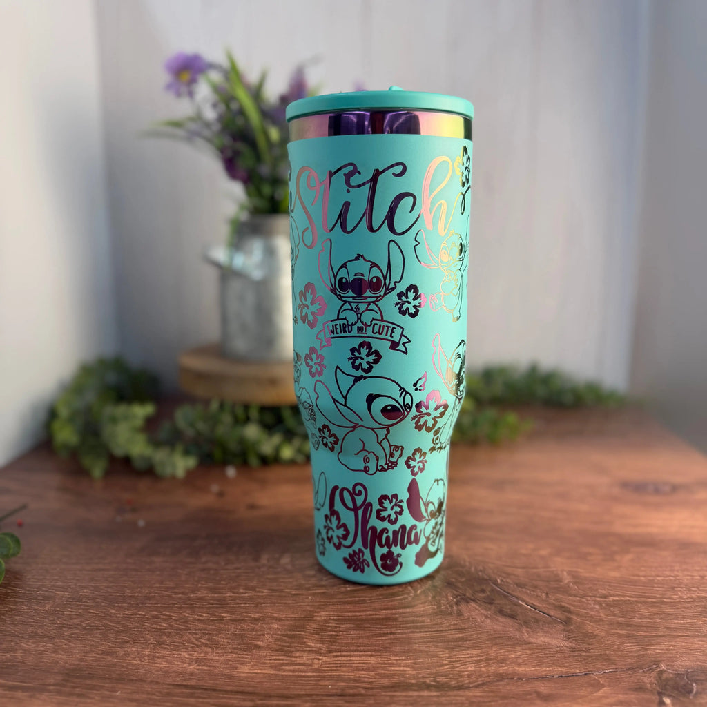 Stitch (Stay Weird/Ohana) Tumbler Teal to Rainbow flipstraw 40oz 