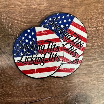 Sucking T's and Licking C's – American Flag Version | UV Printed Leather Hat Patch 