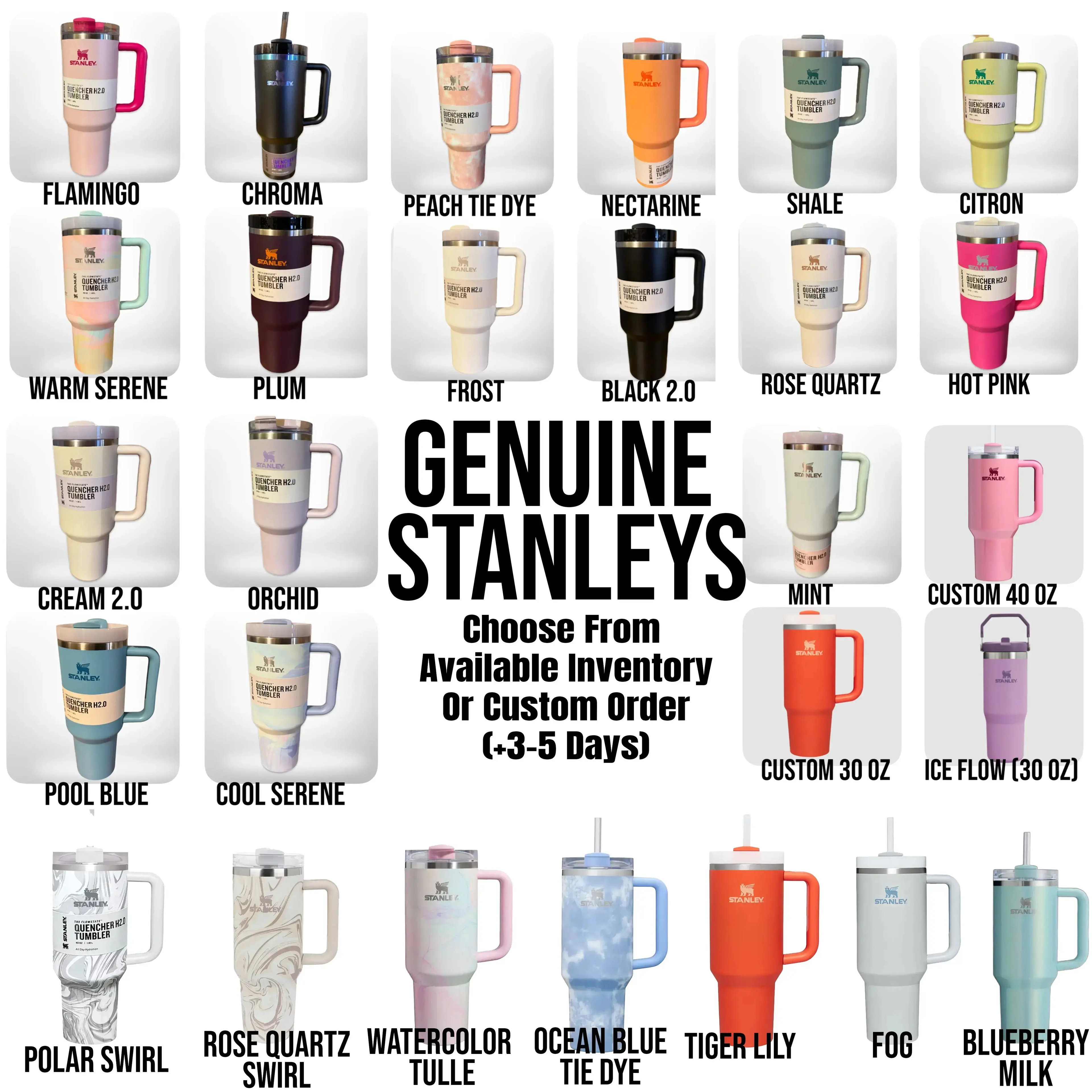 a variety of Genuine Stanley's stainless steel tumblers in different colors and sizes, arranged in a grid format.