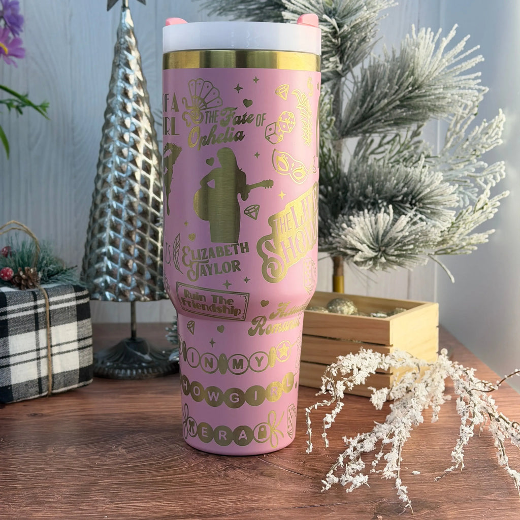 Taylor Swift - SHOWGIRL - Engraved Tumbler Light Pink to Gold 40oz 