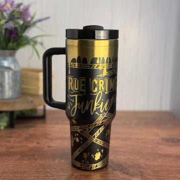 True Crime JunkieTumbler Black to Gold 40 oz tumbler 