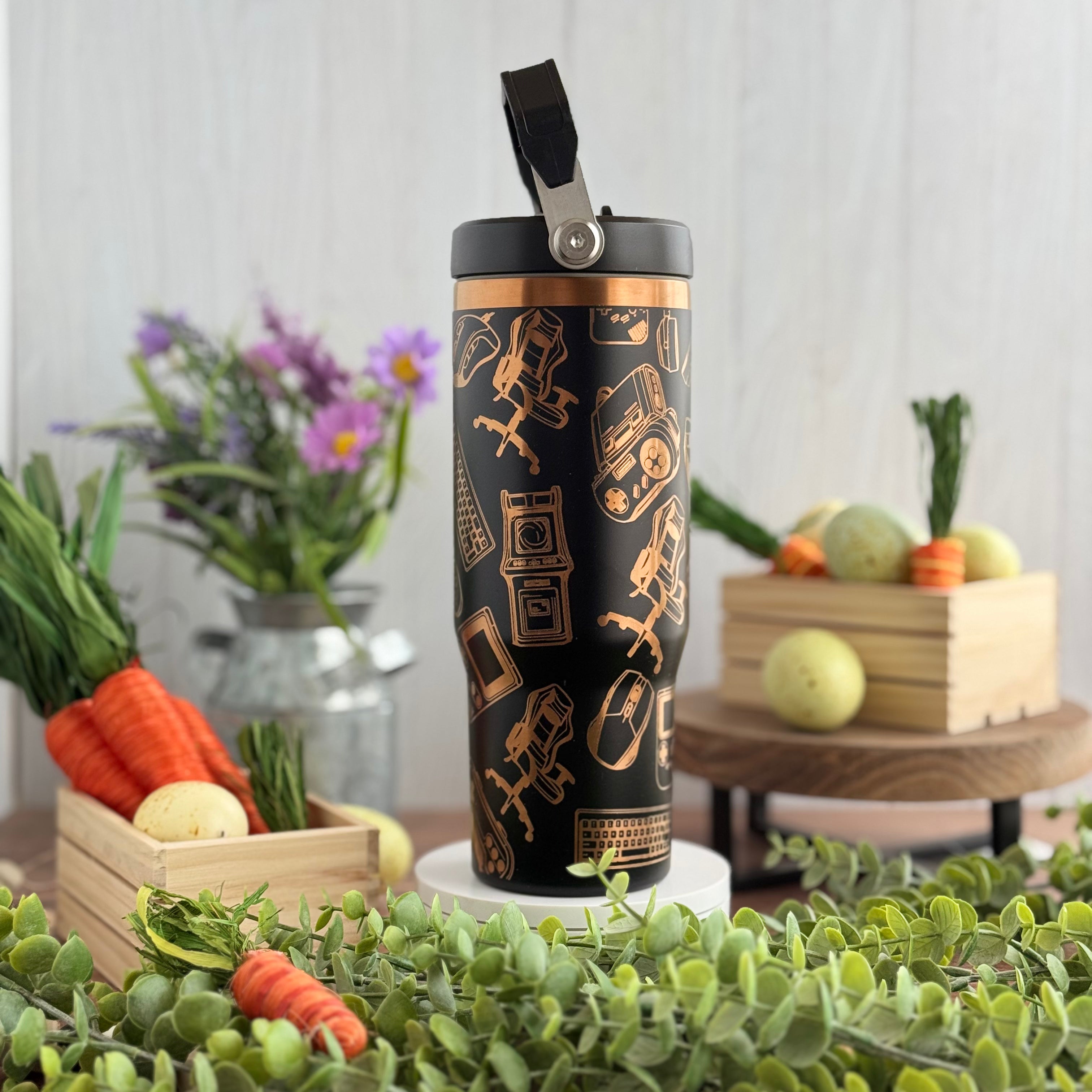Video Game Engraved Black to Copper Plated 30 oz Ice Flow Dupe Tumbler 